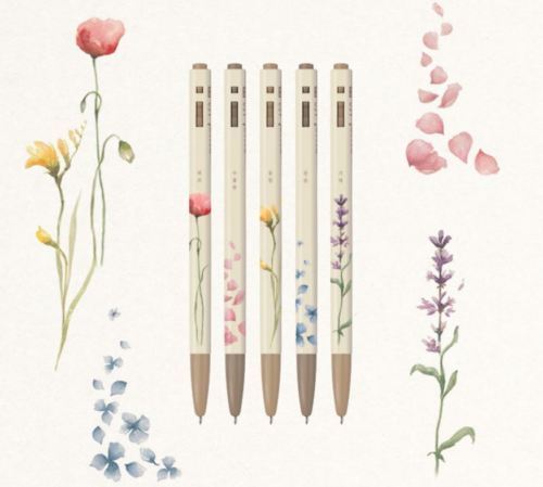 Stylots Bille Monami 153 Flower Edition - 0,5 Mm Noir - Lot De 5 - Idéal écriture Fine Et Précise