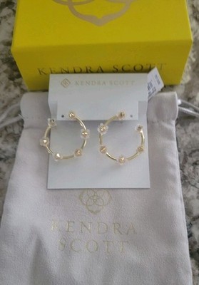 Kendra Deliah Open Frame Drop Earrings Gold White Mix NWT $80 Pouch & Gift BOX