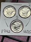 1942 PDS YEAR SET MERCURY SILVER DIMES,  Uncirculated - W/ FULL SPLIT BANDS
