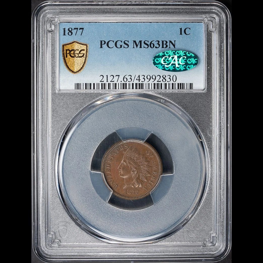 1877 1C Indian Head Cent PCGS MS63BN CAC