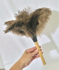 Vtg Feather Duster with Ostrich Feathers Maid Butler wood handle tool 13"