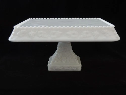 Westmoreland Milk Glass Cake Stand Square Dessert Beaded Grape Vintage Large