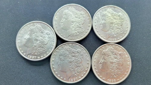 Lot of 5 Morgan Silver Dollars AU–BU Type 1882 1885-O 1887 1897 1898 Good Coins
