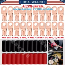 10/30X Large Cable Lugs Battery Copper Ring Terminal Wire Connectors with Tubing