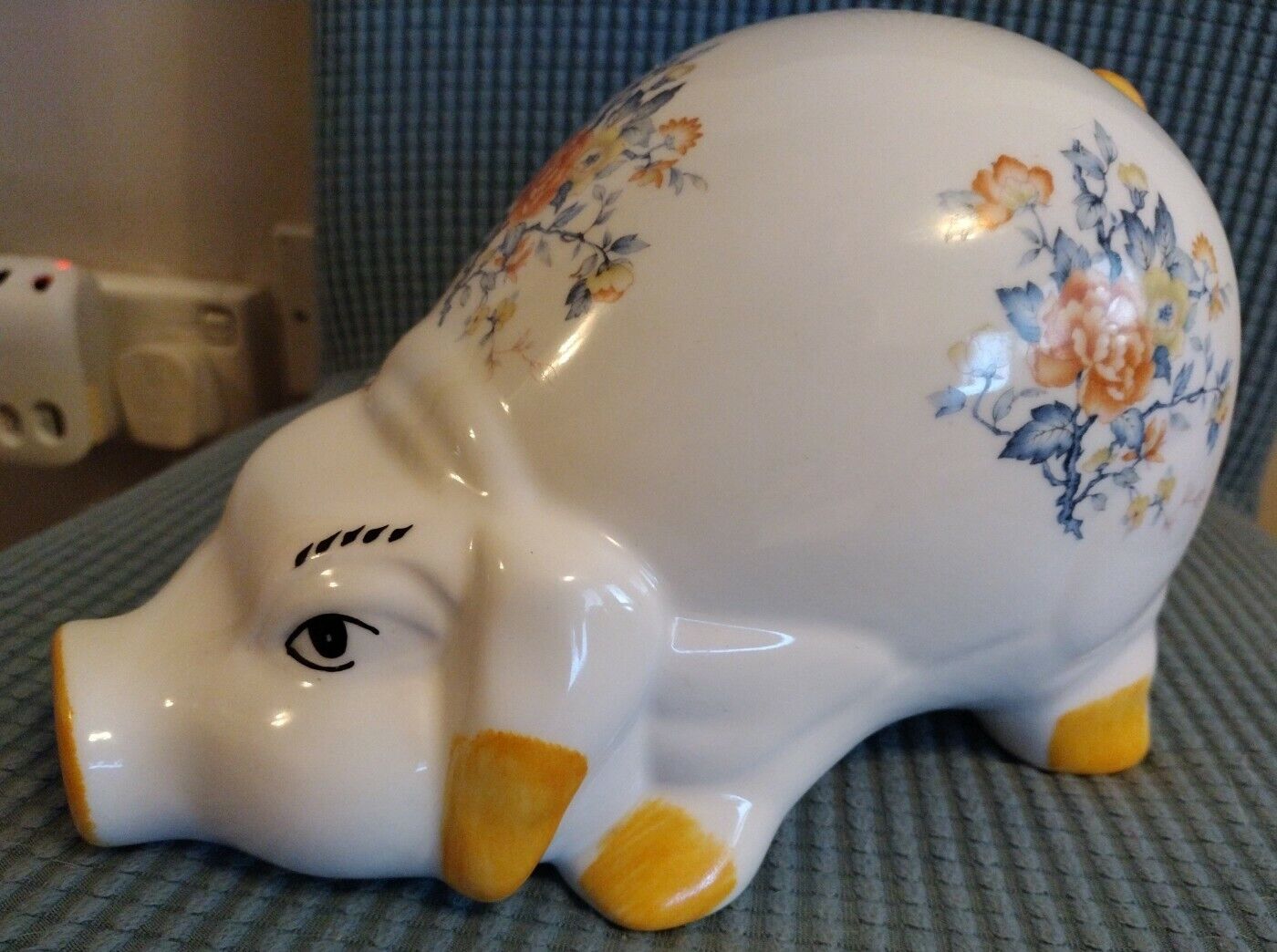 Vintage Large Ceramic Floral Crouching Sniffing Piggy Bank