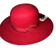 NWT Capas Headwear Hat By Kingdom Dreams Red Open Felt With Feather