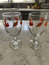 Vintage Libbey Stemmed  Glasses Set Of Two Fall Autumn Leaves