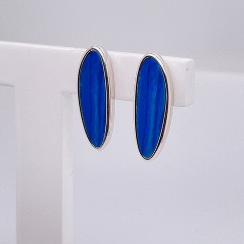 Sterling Silver Doublet Blue Green Opal Stud Earrings 2.08gm - Picture 2 of 11