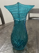 Blenko 1110 Optic Vase Seabreeze Blue 10.5” Applied Clear Swirl