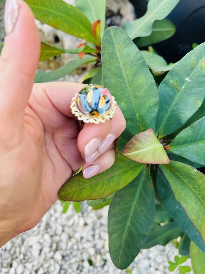 Anello Con Fiore  In Ceramica Di Caltagirone  Artigianali Regolabile - Immagine 3 di 3