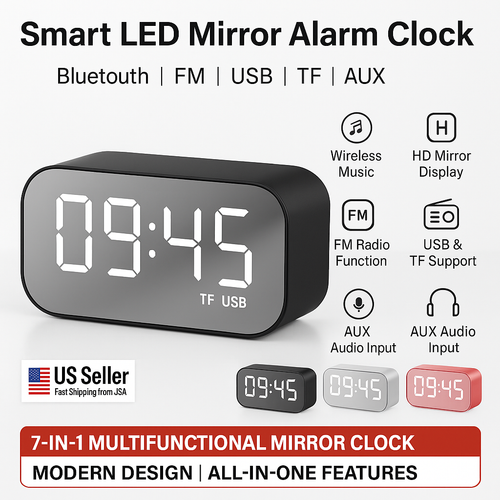 Reloj Despertador Con Espejo LED Radio FM De Bluetooth Música Inalámbrico Alarma - Picture 14 of 27