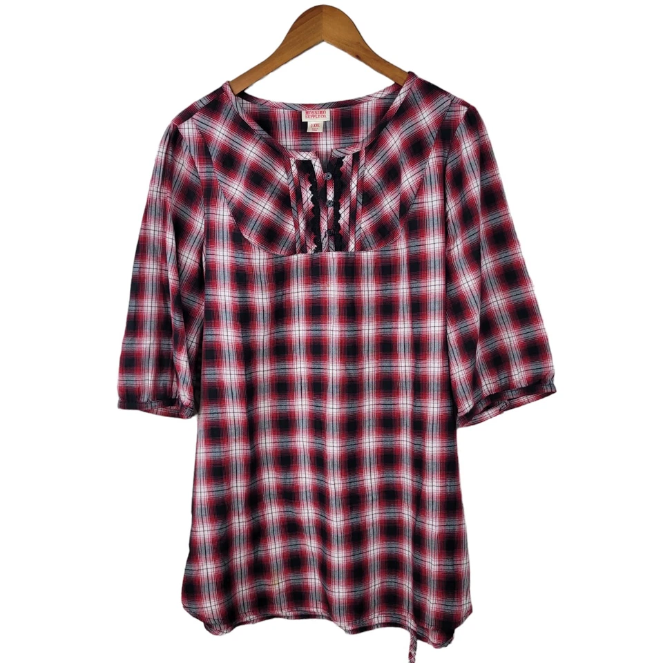 Túnica Mossimo tamanho XXL vermelho cinza piquenique xadrez bolsos de renda cowgirl faroeste - Imagem 2 de 4