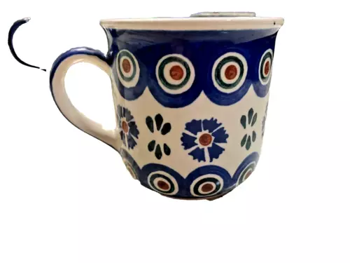 Boleslawiec Wiza Polish Pottery Coffee Tea Mug Blue Red Cream  Flowers 8 oz