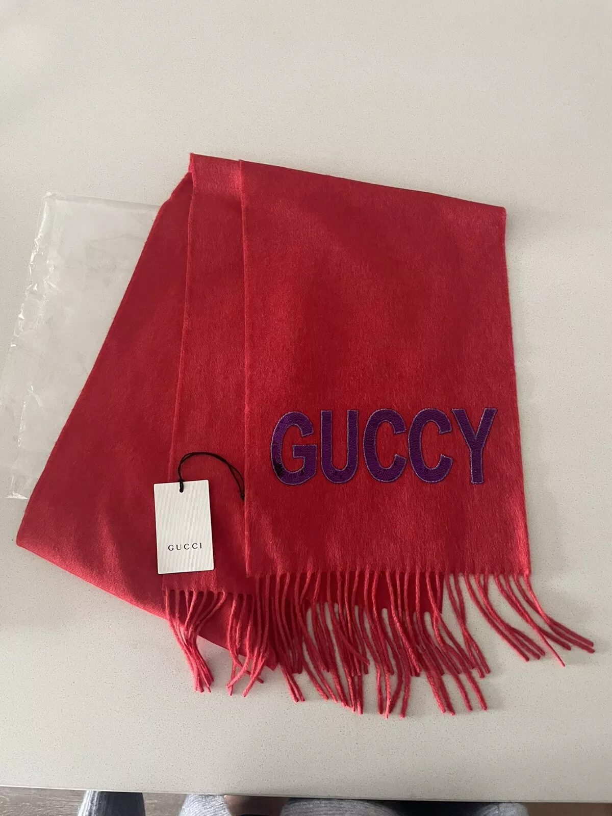 FOULARD GUCCI NEUF ROUGE PAILLETTES CACHEMIRE SOIE MÉLANGÉE FRANGES, 10