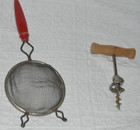 Vintage Red Wood Handle Strainer 10-3/4" and Wooden Handle Corkscrew with Bell — photo 3