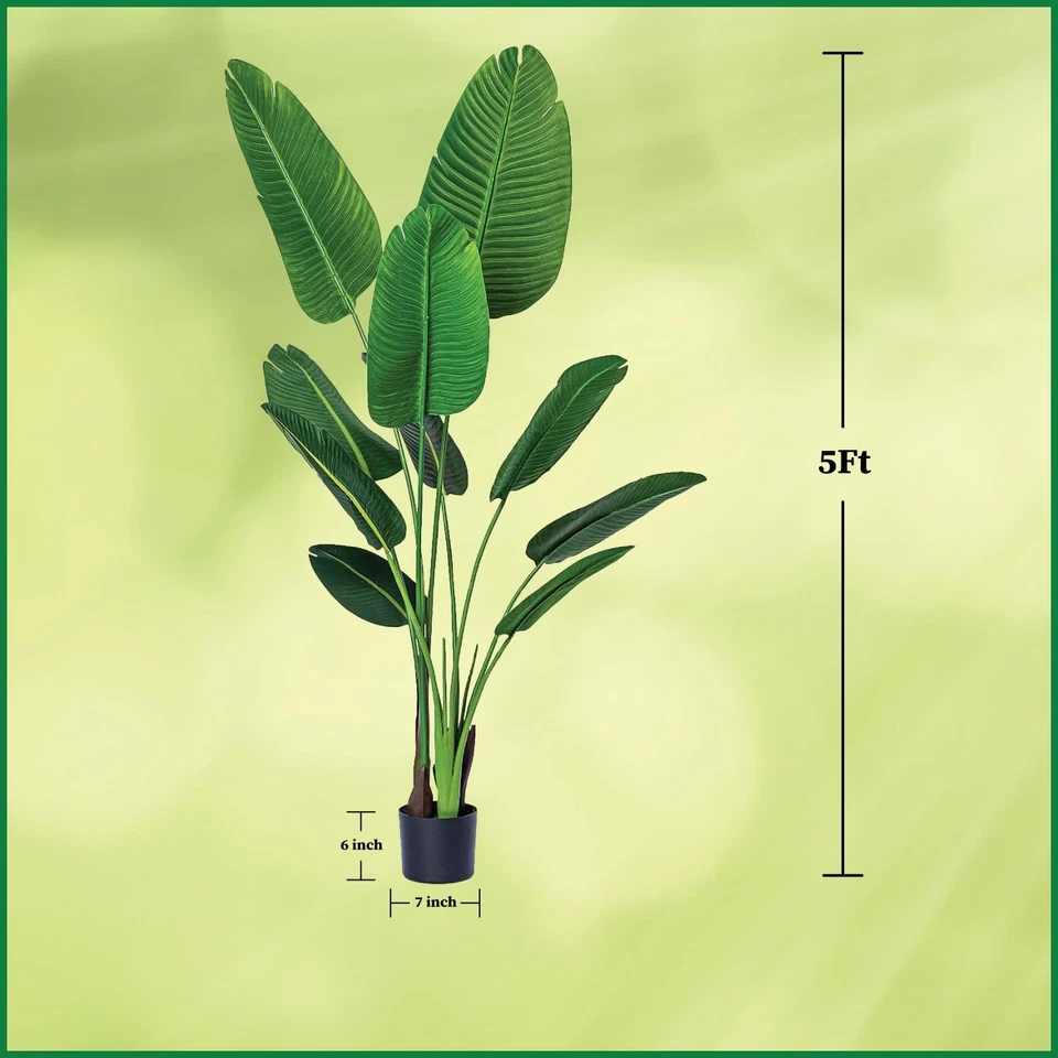 Planta artificial Bagari pájaro del paraíso, planta falsa de 5 pies de alto con maceta negra,... Foto 3 de 3
