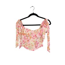 SHEIN Floral Corset Top Pink Orange Tie Shoulder Sweetheart Smocked Small