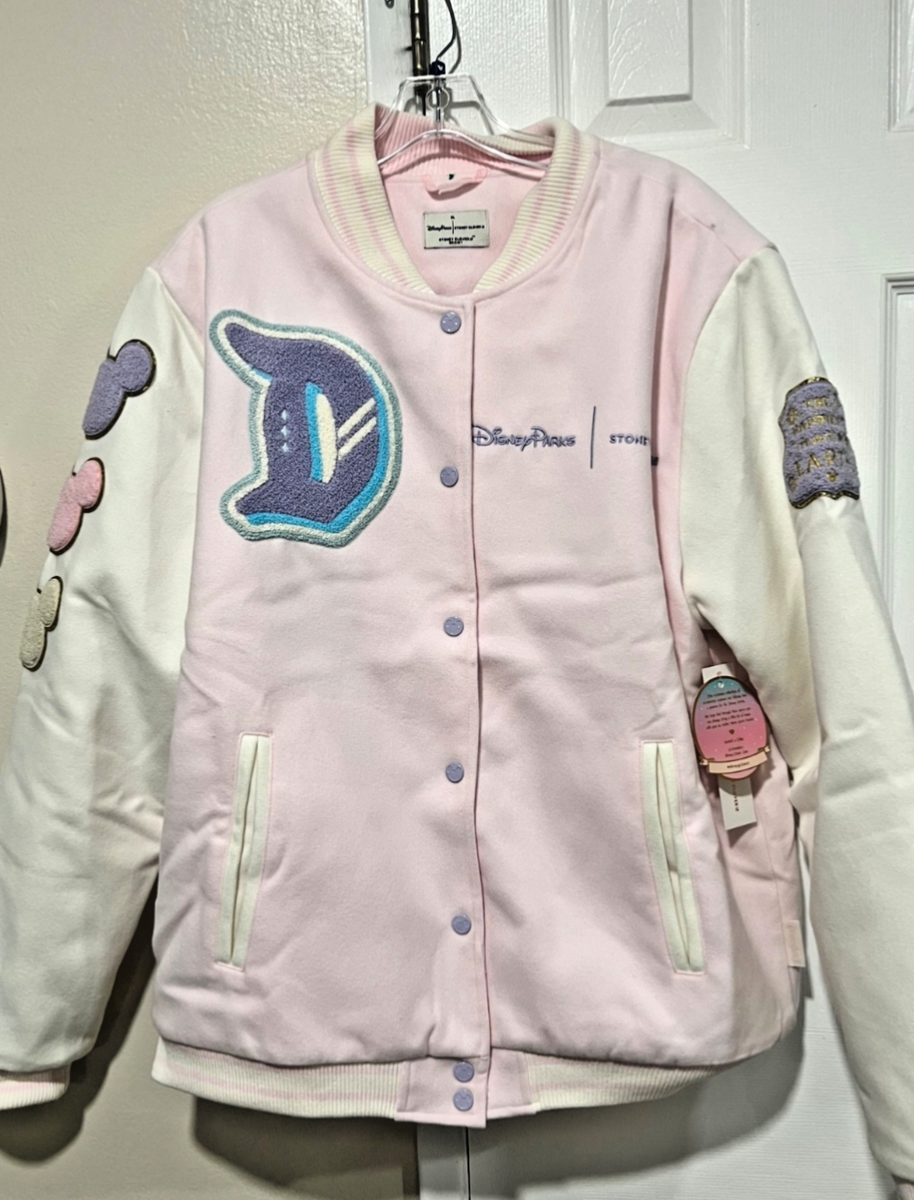 NWT Disney Stoney Clover Lane Disneyland Logo Varsity Jacket Pink