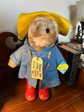 Vintage Paddington Bear Eden Toys 18" Plush Yellow Hat Blue Coat 1982 Tag