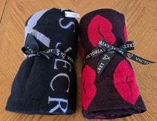 2 Victoria's Secret Cozy Throw Blankets Flirt Lips Black Pink VS Logo New