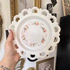 Vintage Milk Glass Round Plate With Lace Reticulated Rim and Hand painted Roses