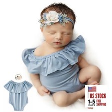 ForBaysy Newborn Photography Props Outfits Lace Romper With Headband Pale Blue