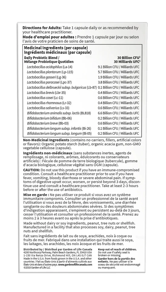 Garden Of Life Dr. Probióticos formulados una vez al día 30B digestivos 30 piezas NUEVO Foto 2 de 2