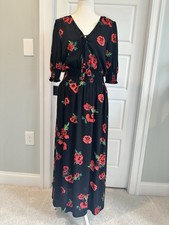 Express Black Red Poppy Floral Maxi Dress -V Neck Tie Front Smocked Waist-Size M