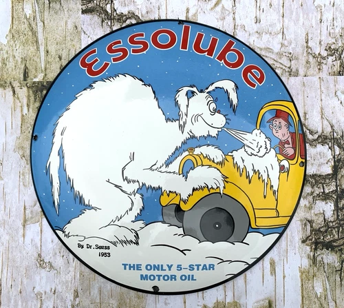VINTAGE ESSOLUBE Dr. Seuss 12" Dome GASOLINE OIL PUMP STATION PORCELAIN GAS SIGN