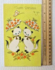 2 WHITE SIAMESE CATS UMBRELLA Vintage Birthday Greeting Card MCM 50's 60's OS3