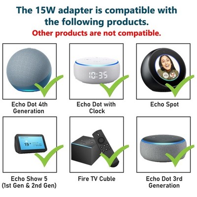 Power Adapter for Echo, Dot 4th Gen, 15W, 5Ft Cord