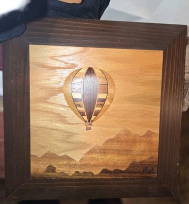 Vintage Robert W. Johnson Signed Wood Inlay Marquetry Art   Hot Air Balloon