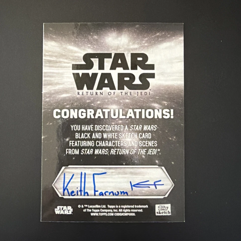 Topps Star Wars Black and White Keith Farnum Ewok Sketch! ROTJ - Image 2 of 2