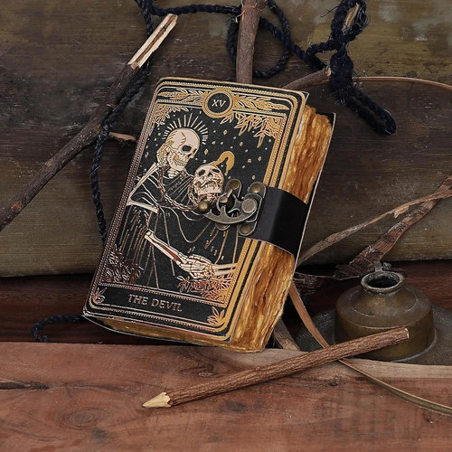 Book Of Spells Leather Bound Journal The Devil Tarot Deckle Edge Paper Diary - Picture 7 of 7