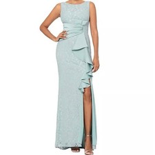 Betsy  Adam Lace Ruffled Gown Dress Lined Boat-Neck Sleeveless Sage Size 12 NWT