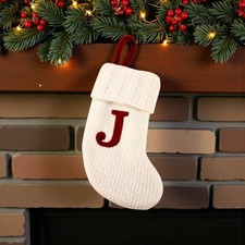 Mini Wondershop Cream Chunky Knit Christmas Stocking Initial J Red Embroidery 8"