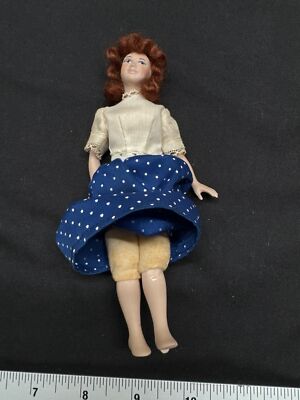 Vintage Porcelain Doll With Red Hair & Polka Dot Skirt