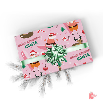 Name Personalized Custom Shirtless Surfer Santa Fun Holiday Gifts Wrapping Paper