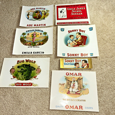 7 Vintage  Cigar Box Labels - Uncle Jake's / Omar / Big Wolf / Abe Martin