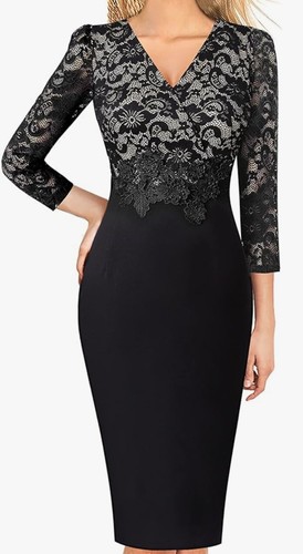 Women's Formal Black/Lace Vneck Pencil Skirt Bottom Lace Sleeves Sz XXL READ - Picture 4 of 5
