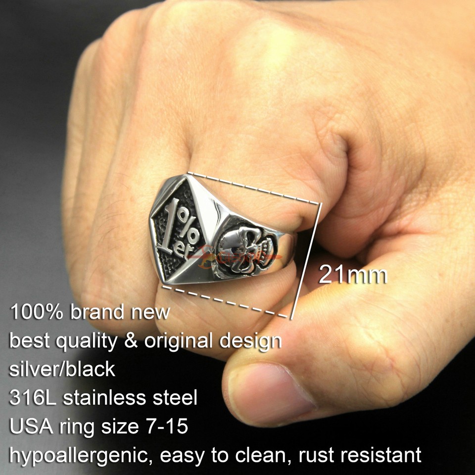 Mens Stainless Steel Skull 1% Er One Percent Outlaw Motorcycle Biker Ring