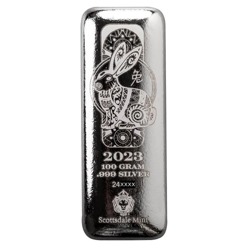 2023 100g Silver Lunar Year of the Rabbit .999 Fine Silver Bar #A658