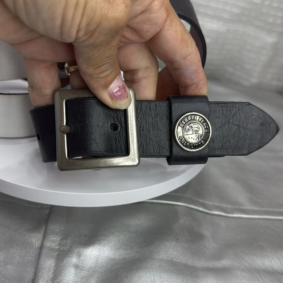 (H)Two Pebble Beach boys' leather belts with black and white metal silve buckles - Image 2 of 4