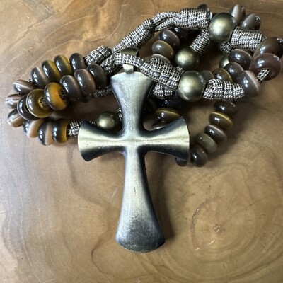 NEW BROWN BEAD CATHOLIC ROSARY HEAVY PARACORD LARGE METAL CROSS PASSION CHRIST +