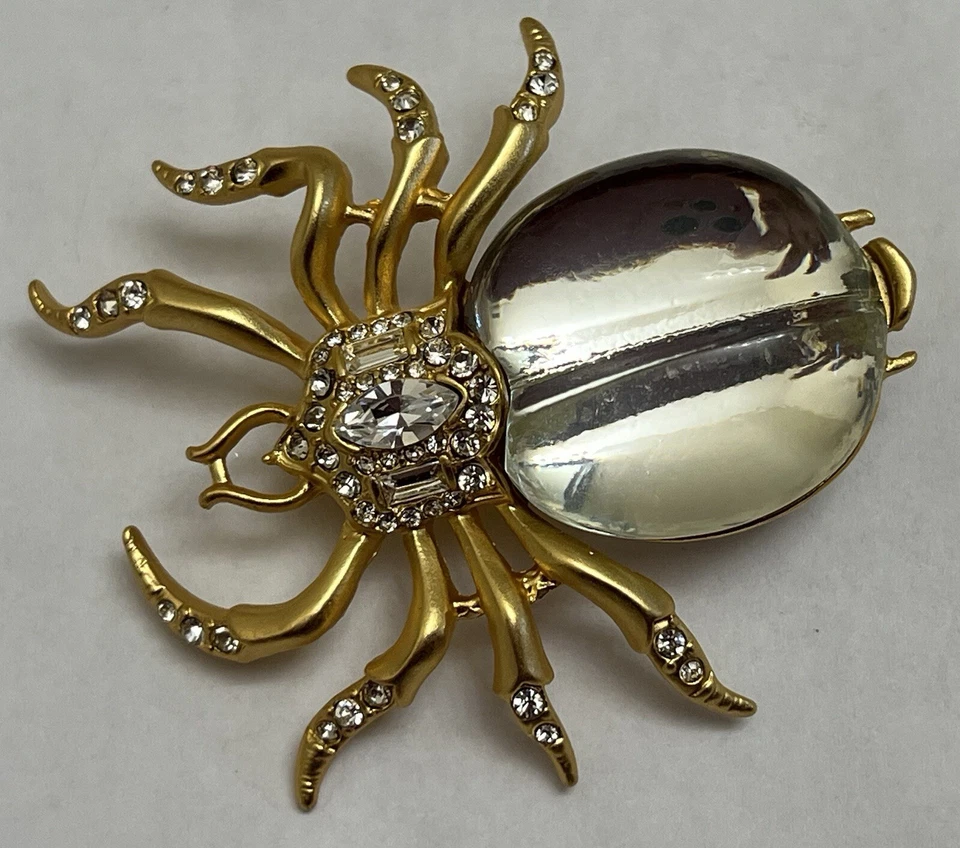 Signed Crystal Rhinestone Spider Brooch Pin Insect Glass Bug Clear Jelly Belly - Image 3 of 4