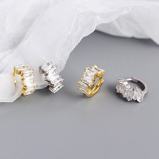 925 Sterling Silver Baguette CZ Zirconia Huggie Hoop Earrings A4480