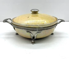 Vtg Fraunfelter Royal Rochester Lidded Baking Dish 3 Leg Chrome Stand Iridescent