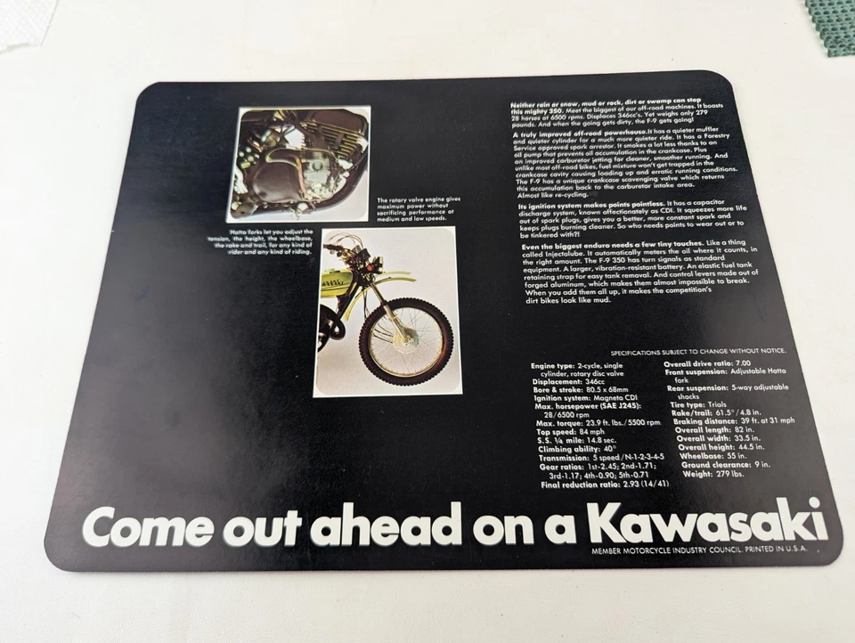 1970's Kawasaki F-9 350 Original Dealer Sales Brochure excellent - image 3 of 3