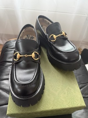 Gucci Platform Horsebit Loafers with Bee Embroidery   Black Leather, Size 37.5
