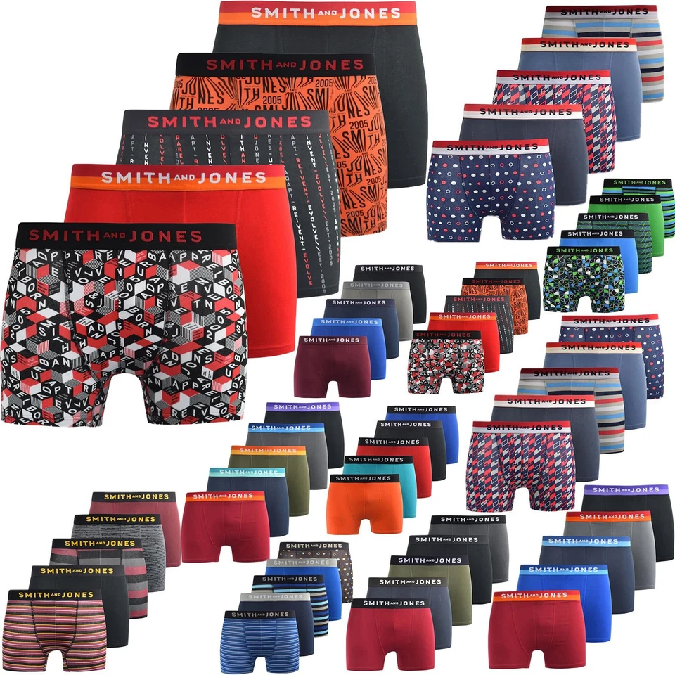 SMITH AND JONES Smith & Jones 5 Pack Mens Boxer Underwear Trunks Designer Multi Pack Trunk Brief